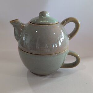 PIER 1 Imports "Tea for One" Stoneware Pottery Teapot & Cup/Mug Stackable